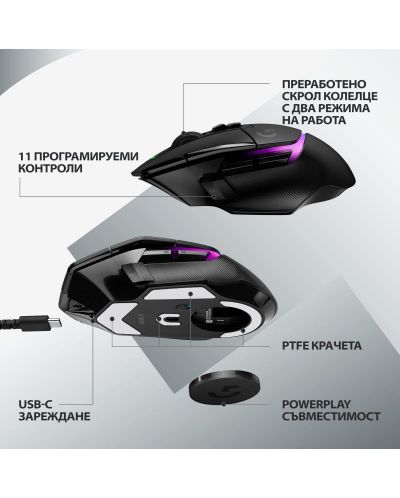 Гейминг мишка Logitech - G502 X Plus EER2, оптична, безжична, черна - 7
