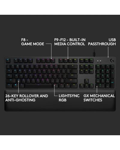 Механична клавиатура Logitech - G513 Carbon, GX Brown, RGB, черна - 7