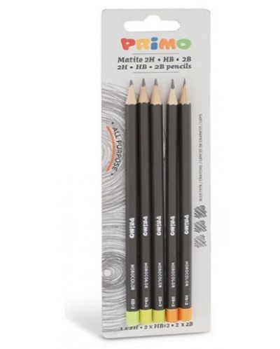 Графитени моливи Primo mix - Шестоъгълни, 5 броя (1 x 2H, 2 x НВ, 2 x 2B) - 1