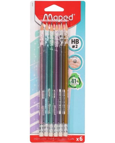 Графитни моливи Maped - Glitter, HB, с гумичка, 6 броя - 1