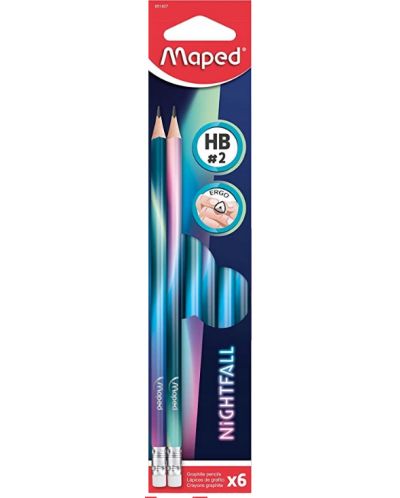 Комплект моливи Maped Nightfall - HB, с гумичка, 6 броя - 1