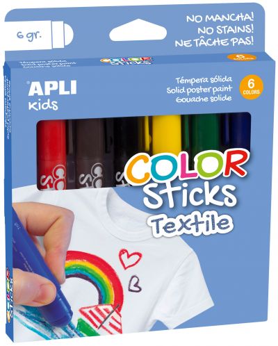 Комплект гваш стик Apli - За оцветяване на текстил, 6 цвята - 1