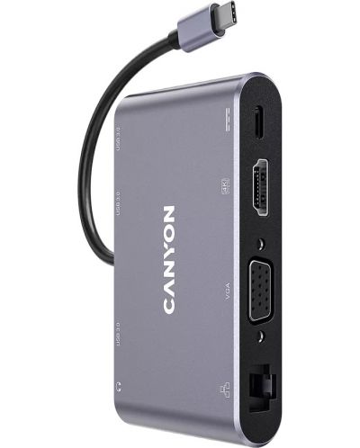 Хъб Canyon - DS-14, 8 порта, USB-C, сив - 1