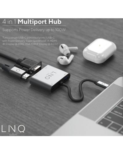 Хъб LINQ - 8915, 4 в 1, USB-C/HDMI, USB-C, USB-A, VGA, сив - 9