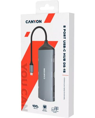 Хъб Canyon - DS-15, 8 порта, USB-C, сив - 2