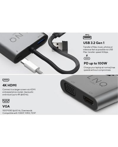 Хъб LINQ - 8915, 4 в 1, USB-C/HDMI, USB-C, USB-A, VGA, сив - 5