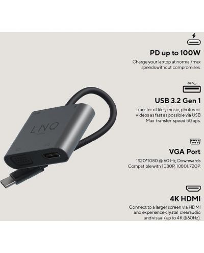 Хъб LINQ - 8915, 4 в 1, USB-C/HDMI, USB-C, USB-A, VGA, сив - 6