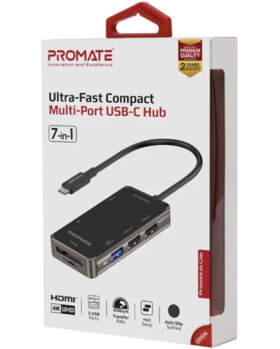 Хъб ProMate - Primehub Lite, 7 порта, USB-C, черен - 2