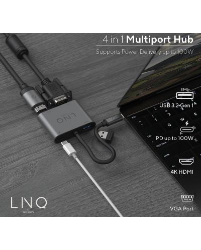 Хъб LINQ - 8915, 4 в 1, USB-C/HDMI, USB-C, USB-A, VGA, сив - 8