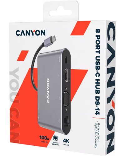 Хъб Canyon - DS-14, 8 порта, USB-C, сив - 2