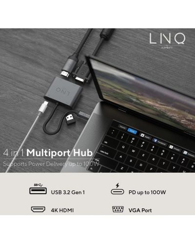 Хъб LINQ - 8915, 4 в 1, USB-C/HDMI, USB-C, USB-A, VGA, сив - 7