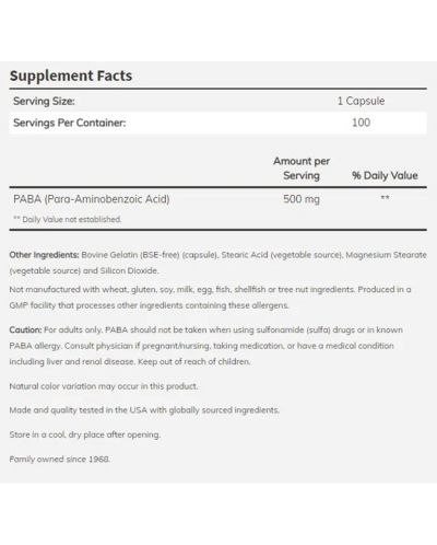 PABA, 500 mg, 100 капсули, Now - 2