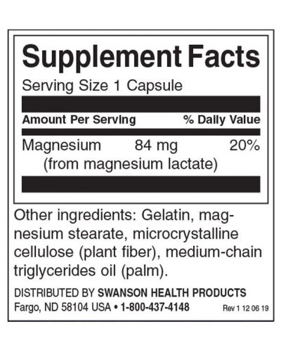 Magnesium Lactate, 84 mg, 120 капсули, Swanson - 2