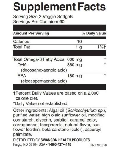 Plant Based Omega-3, 120 меки капсули, Swanson - 2