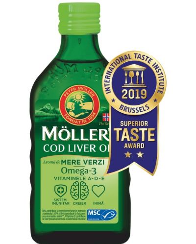 Omega-3 + Витамини A, D, E Cod Liver Oil, ябълка, 250 ml, Mollers - 1
