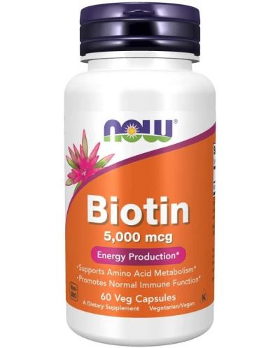 Хранителна добавка Now - Biotin, 5000 mcg, 60 растителни капсули - 1