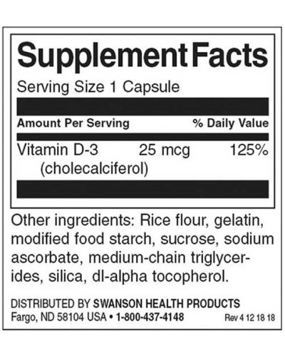 Vitamin D3, High Potency, 25 mcg, 60 капсули, Swanson - 2