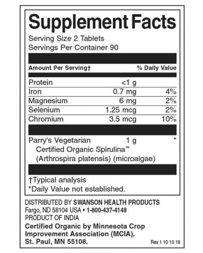 Certified Organic Spirulina, 500 mg, 180 таблетки, Swanson - 2