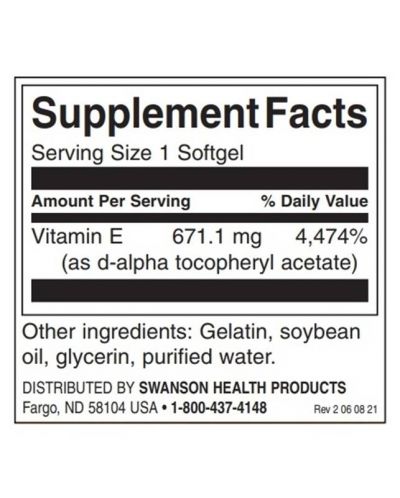 Natural Vitamin E, 671.1 mg, 100 меки капсули, Swanson - 2