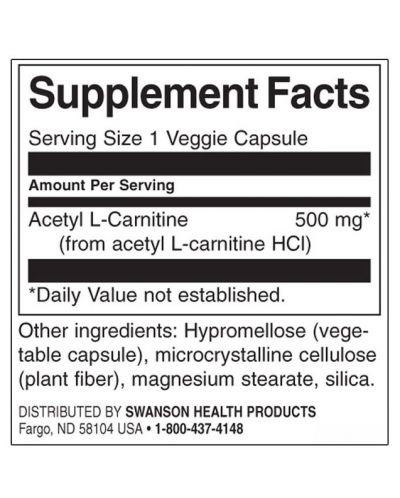 Acetyl L-Carnitine, 500 mg, 100 капсули, Swanson - 2