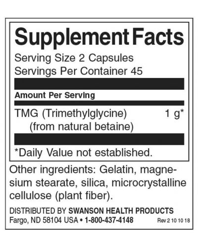 TMG Trimethylglycine, 500 mg, 90 капсули, Swanson - 2