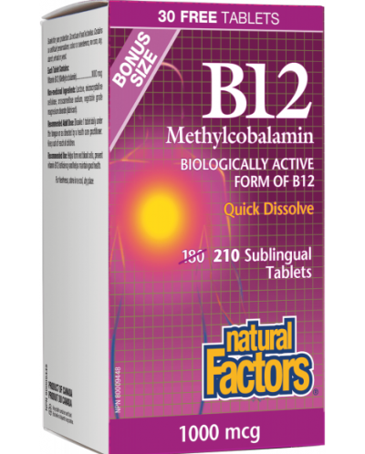 B12 Methylcobalamin, 1000 mcg, 180 + 30 таблетки, Natural Factors - 1