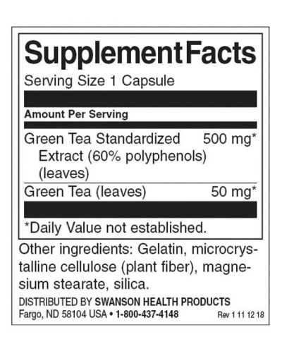 Green Tea Extract, 500 mg, 60 капсули, Swanson - 2
