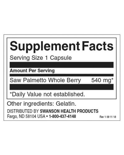 Saw Palmetto, 540 mg, 250 капсули, Swanson - 3