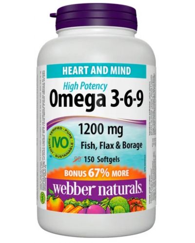 Omega 3-6-9, 1200 mg, 150 софтгел капсули, Webber Naturals - 1
