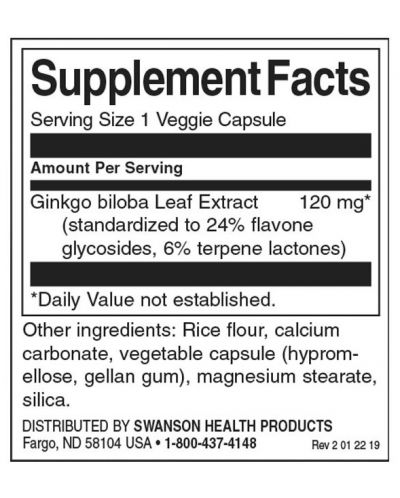 Ginkgo Biloba Extract, 120 mg, 100 капсули, Swanson - 2