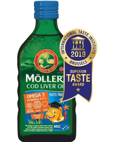Omega-3 + Витамини A, D, E Cod Liver Oil, плодове, 250 ml, Mollers - 1