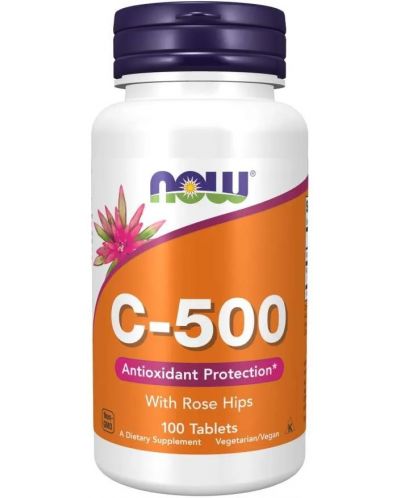Vitamin C-500 with Rose Hips, 100 таблетки, Now - 1