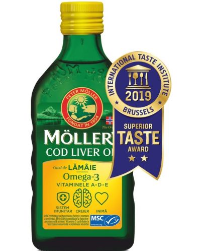 Omega-3 + Витамини A, D, E Cod Liver Oil, лимон, 250 ml, Mollers - 1