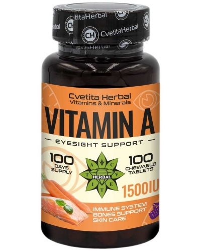 Vitamin A, 1500 IU, 100 дъвчащи таблетки, Cvetita Herbal - 1