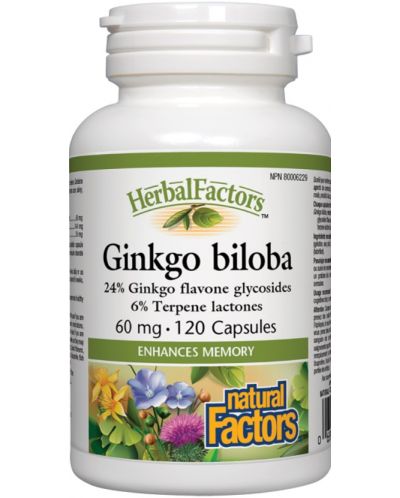Ginkgo biloba, 60 mg, 120 капсули, Natural Factors - 1