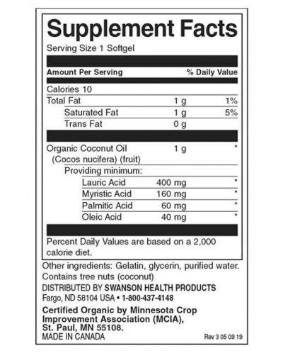 Coconut Oil, 1000 mg, 60 меки капсули, Swanson - 2