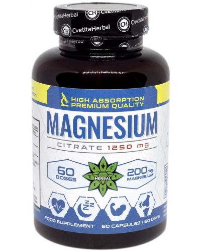 Magnesium Citrate, 1250 mg, 60 капсули, Cvetita Herbal - 1