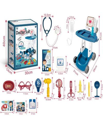Игрален комплект Raya Toys - Лекарски кабинет с количка, 17 части - 2