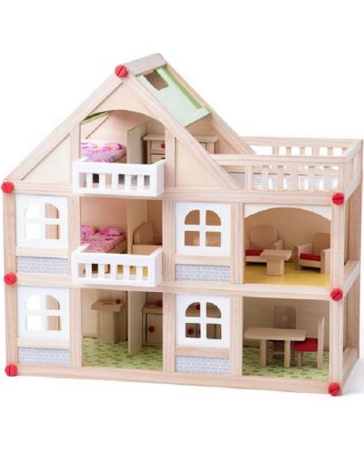Игрален комплект Woody - Триетажна къща, с балкони, аксесоари и кукли - 1