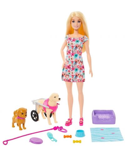 Игрален комплект Barbie - Барби с кученца и куче в инвалидна количка - 1