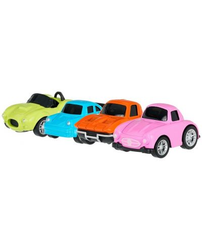 Игрален комплект GT - Инерционни колички, зелена, розова, оранжева и синя - 1