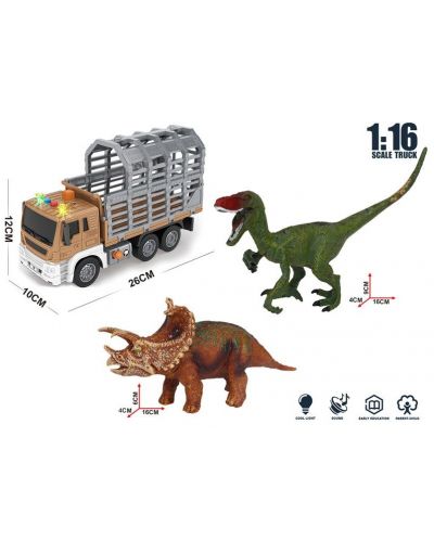 Игрален комплект Raya Toys - Камион с динозаври, с музика и светлини, 1:16 - 3