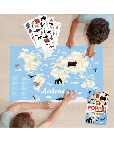 Игрален комплект Poppik - Животните по света, плакат със стикери - 7