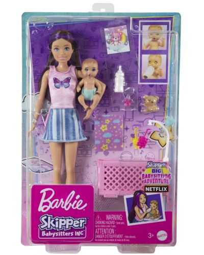 Игрален комплект Barbie Skipper - Барби детегледачка с лилави кичурии потник с пеперудка  - 1