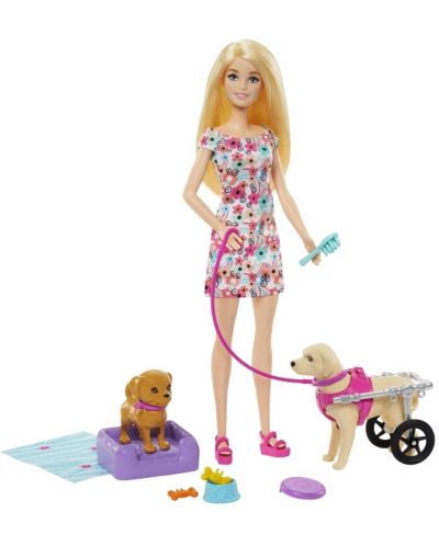 Игрален комплект Barbie - Барби с кученца и куче в инвалидна количка - 2