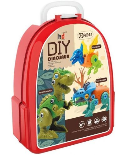 Игрален комплект в куфарче Raya Toys - 3 динозавъра за сглобяване с отвертка - 1