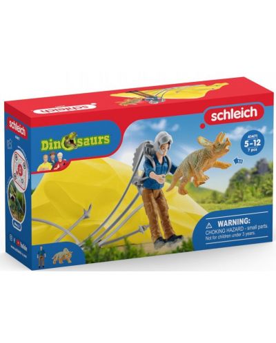 Игрален комплект Schleich Dinosaurs - Парашутист спасява трицератопс - 1