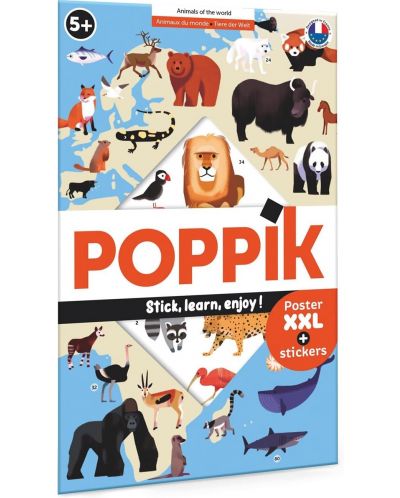 Игрален комплект Poppik - Животните по света, плакат със стикери - 1