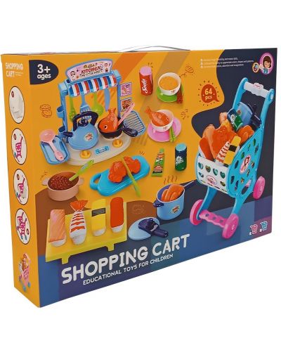 Игрален комплект Raya Toys - Пазарска количка с кухня, 64 части, синя - 1