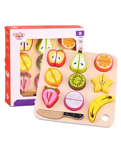 Игрален комплект Tooky Toy - Дървени плодове за рязане с табла - 3